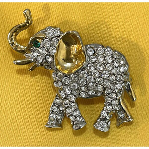 Vintage Gold Tone Rhinestone Elephant Brooch Pin Green Eye White Rhinestones